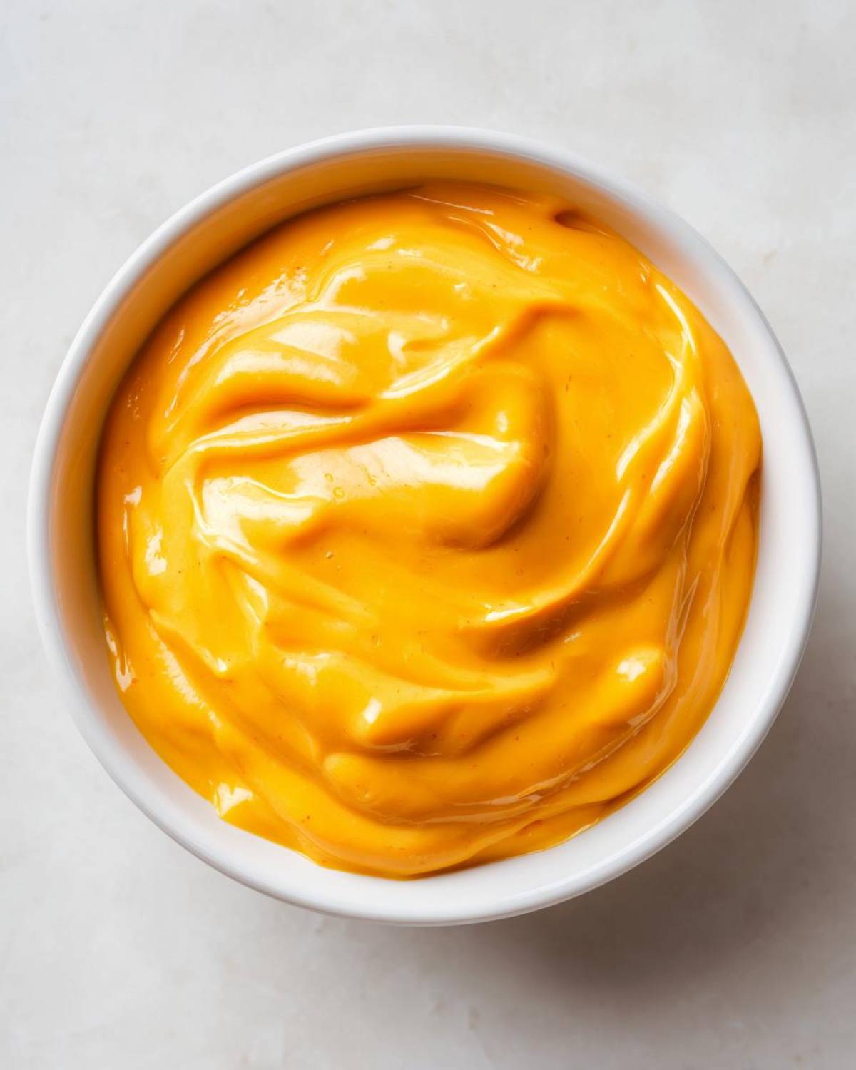 Overhead shot of a small white bowl filled with vibrant, smooth nacho cheese sauce.