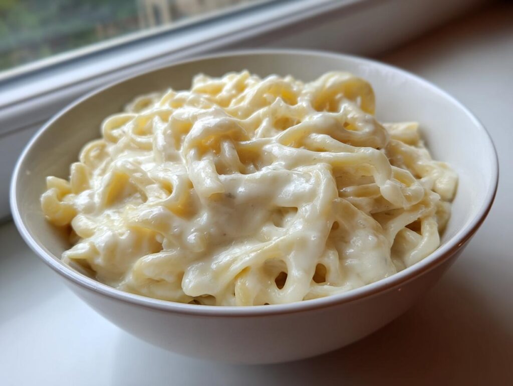 A white bowl filled with fettuccine pasta generously coated in rich, creamy olive garden alfredo sauce.