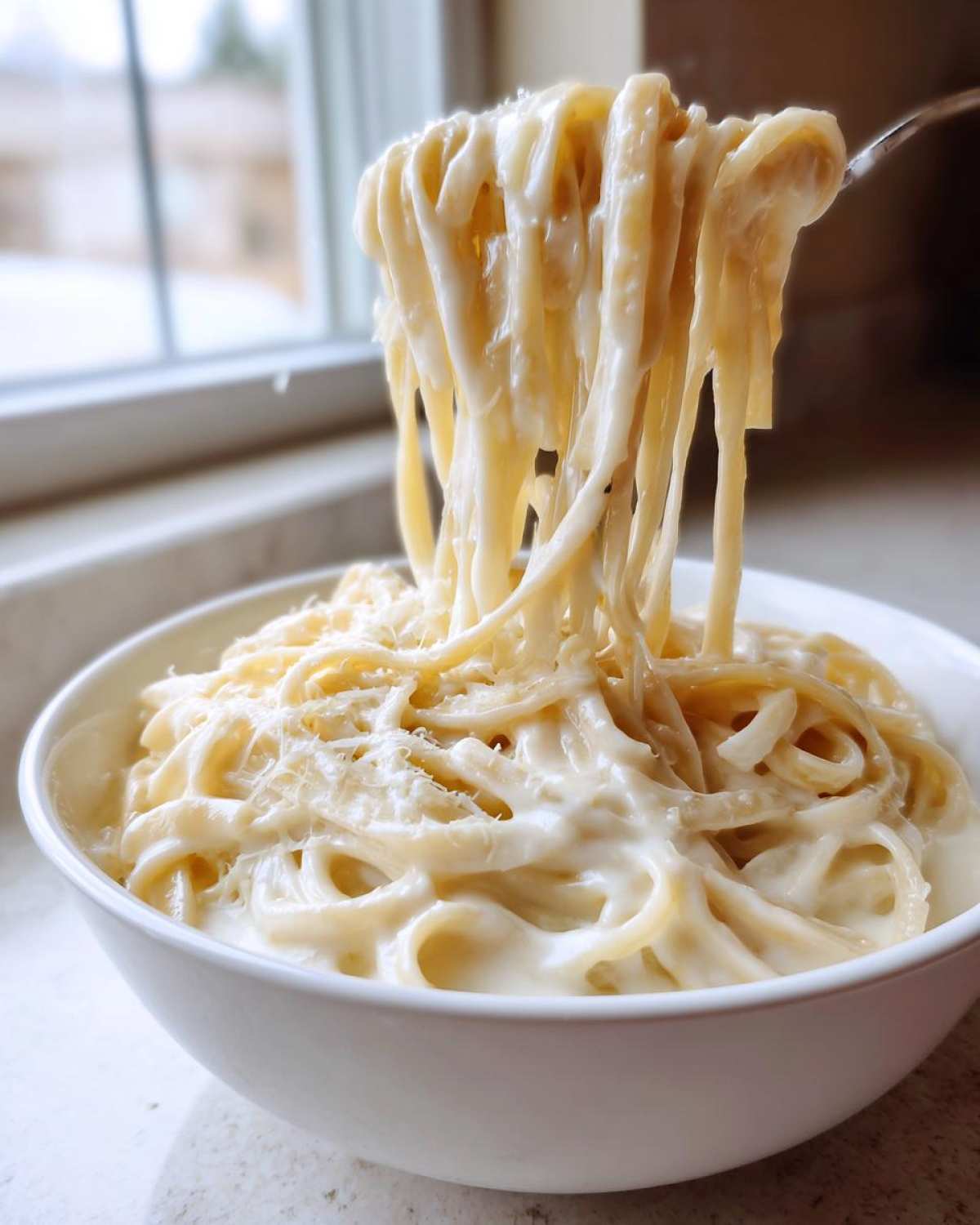A fork lifts creamy fettuccine coated in rich olive garden alfredo sauce from a white bowl.