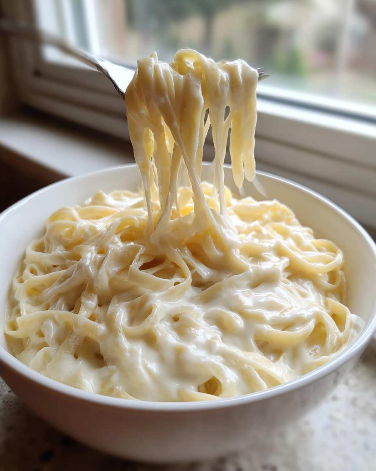 A fork lifts dripping fettuccine noodles coated in rich olive garden alfredo sauce from a white bowl.