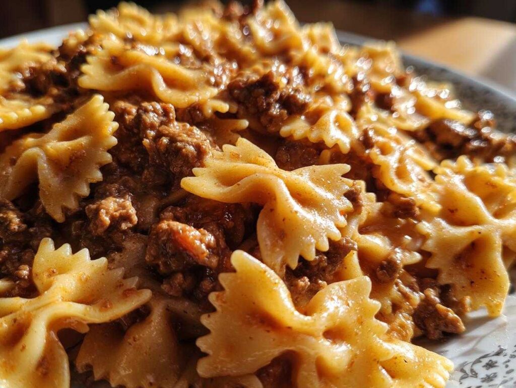 Close-up of creamy parmesan garlic beef bowtie pasta coated in a rich, savory sauce.