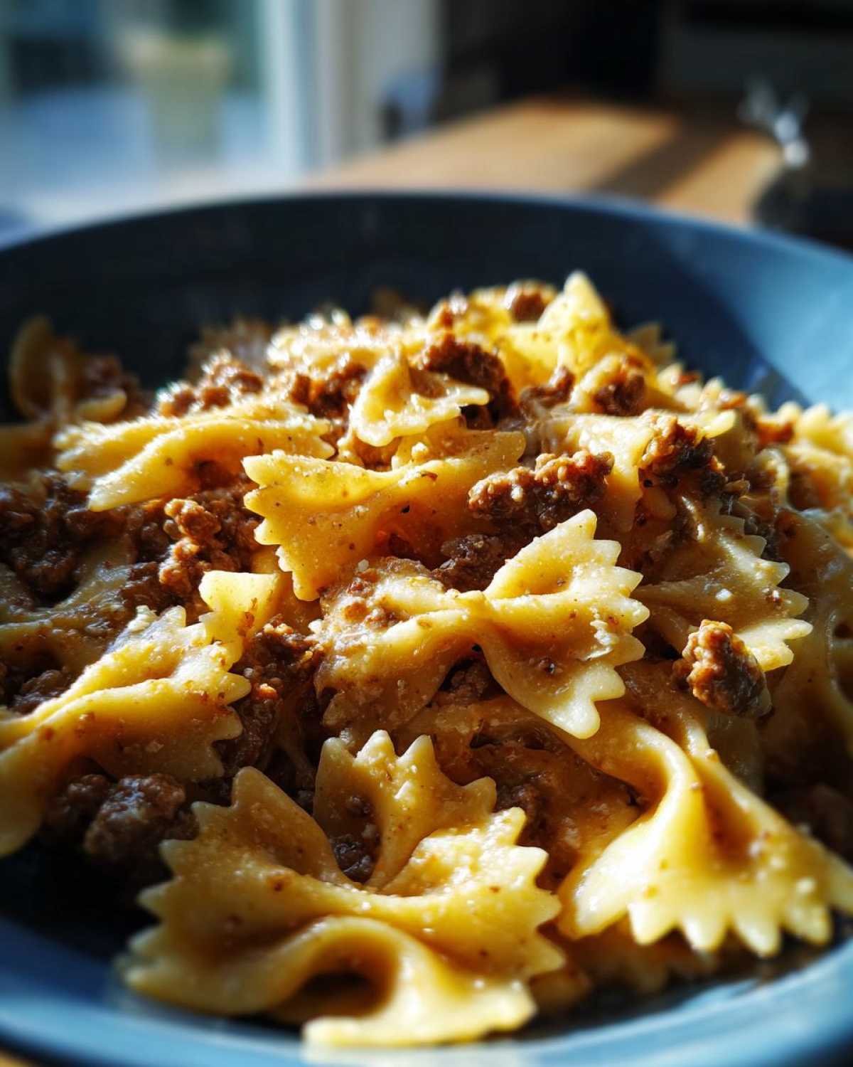 A close-up, appetizing shot of creamy parmesan garlic beef bowtie pasta served in a dark blue bowl.