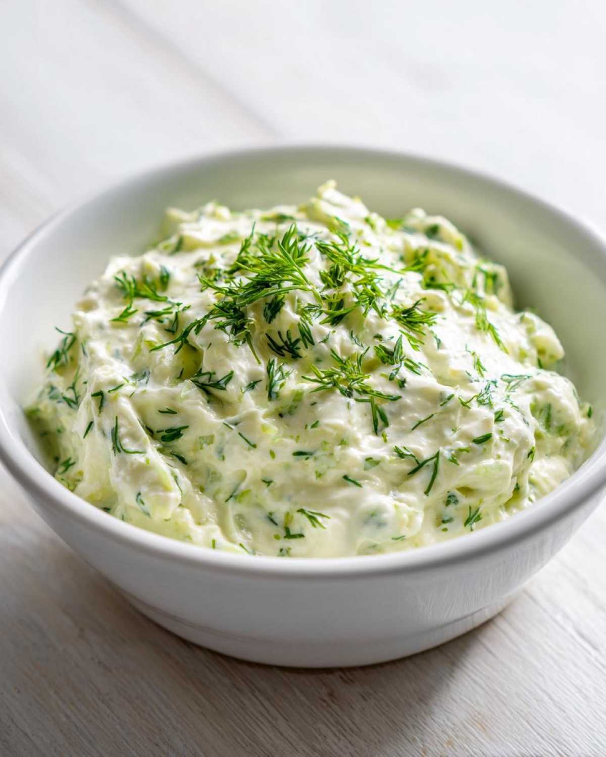 Close-up of creamy homemade pickle dip in a white bowl, garnished generously with fresh dill.