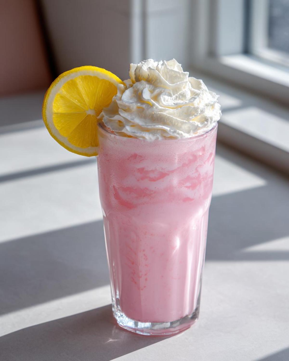 Tall glass of creamy pink lemonade topped with whipped cream and a lemon slice.