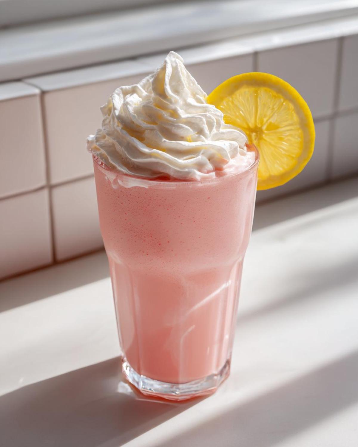 A tall glass of creamy pink lemonade topped with whipped cream and a lemon slice.