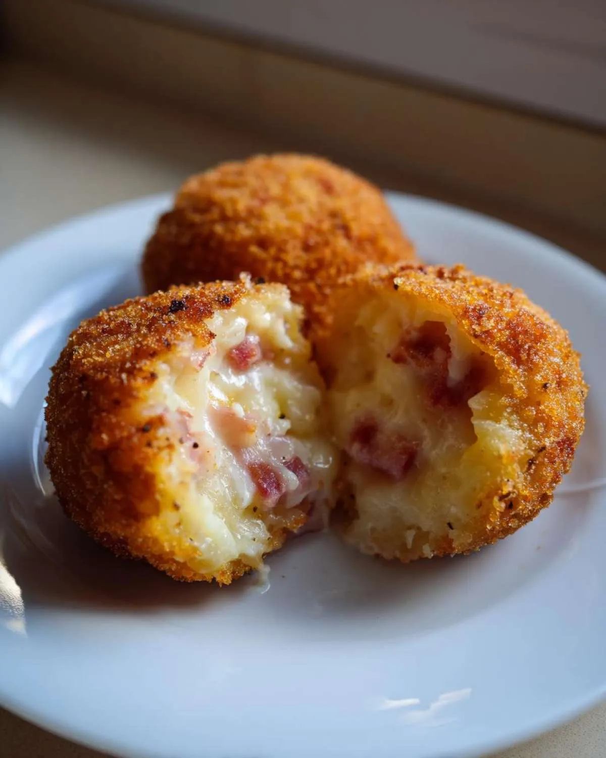 A close-up of a golden brown potato croquettes, broken open to show a creamy interior with bits of ham or bacon.