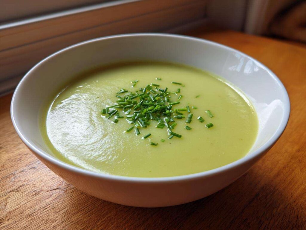 A close-up of creamy potato leek soup in a white bowl, topped with fresh chopped chives.