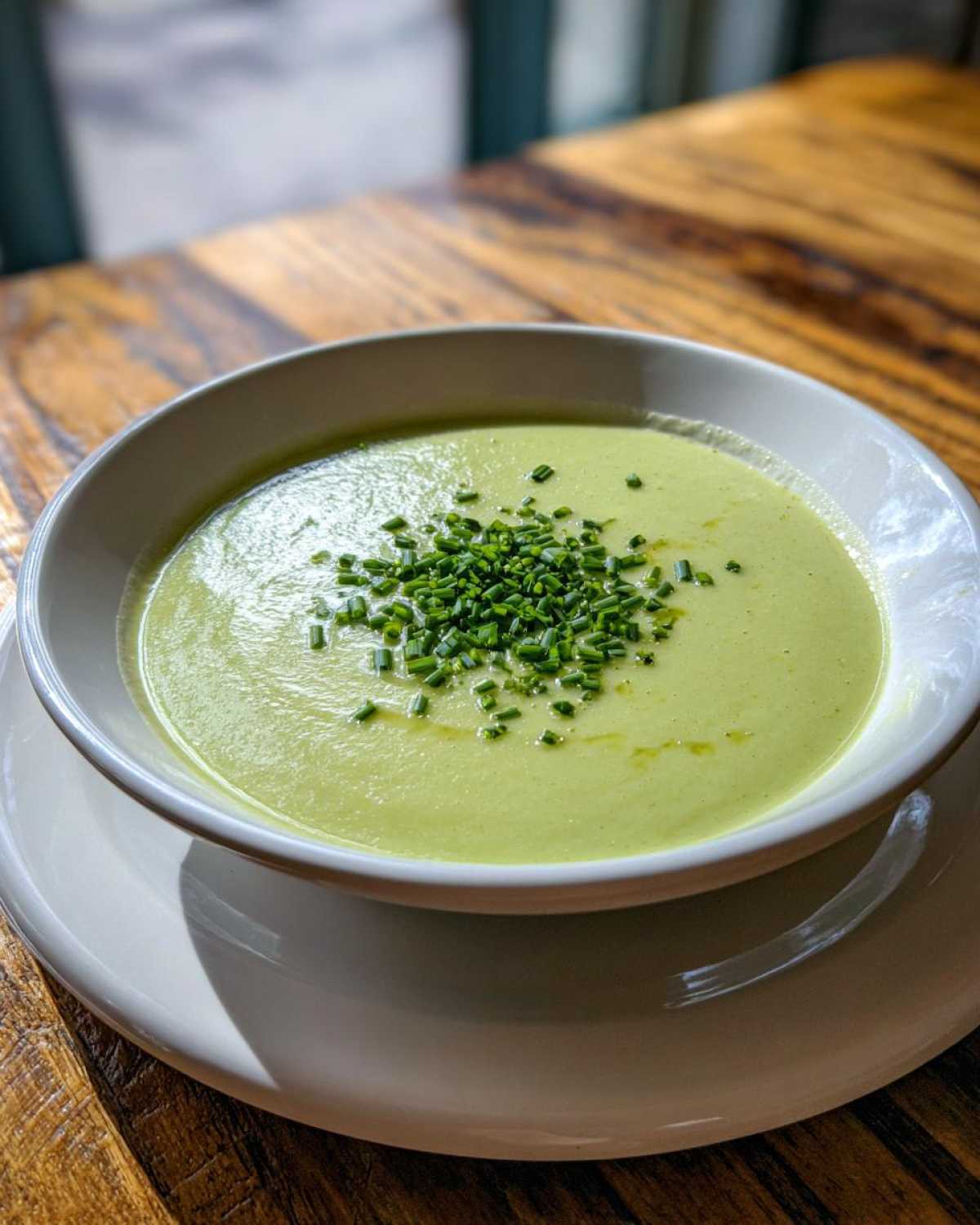 A bowl of creamy, light green potato leek soup topped generously with fresh chopped chives.