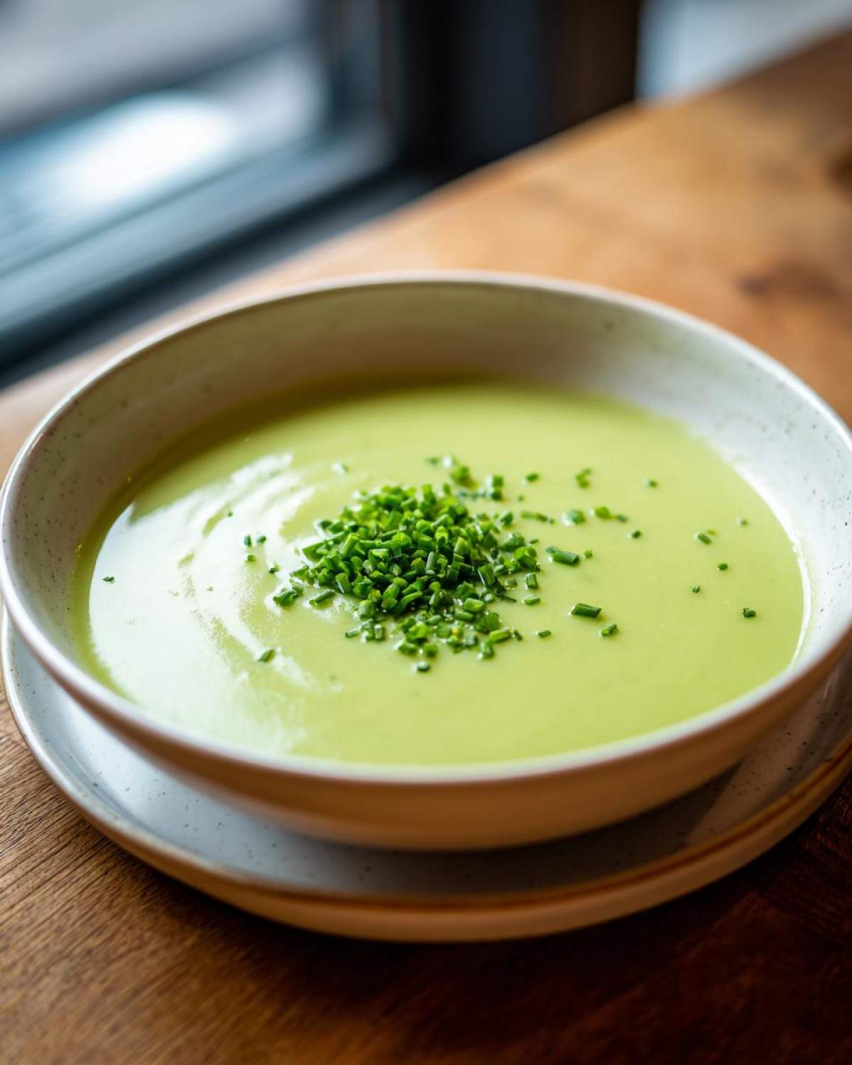A close-up of creamy, pale green potato leek soup topped with fresh chopped chives in a light bowl.