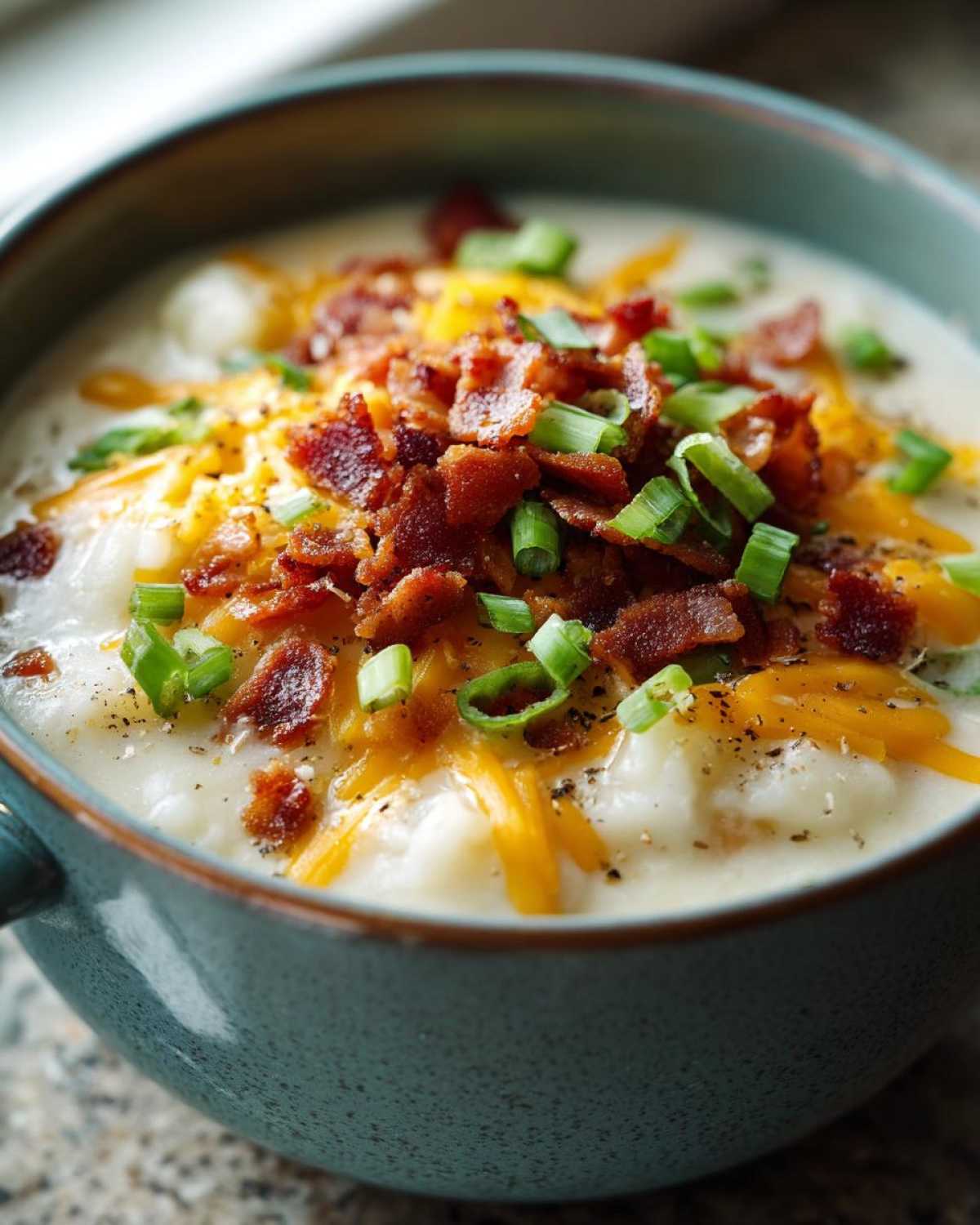 Close-up of a creamy potato soup recipe bowl topped generously with shredded cheddar, crispy bacon bits, and fresh green onions.