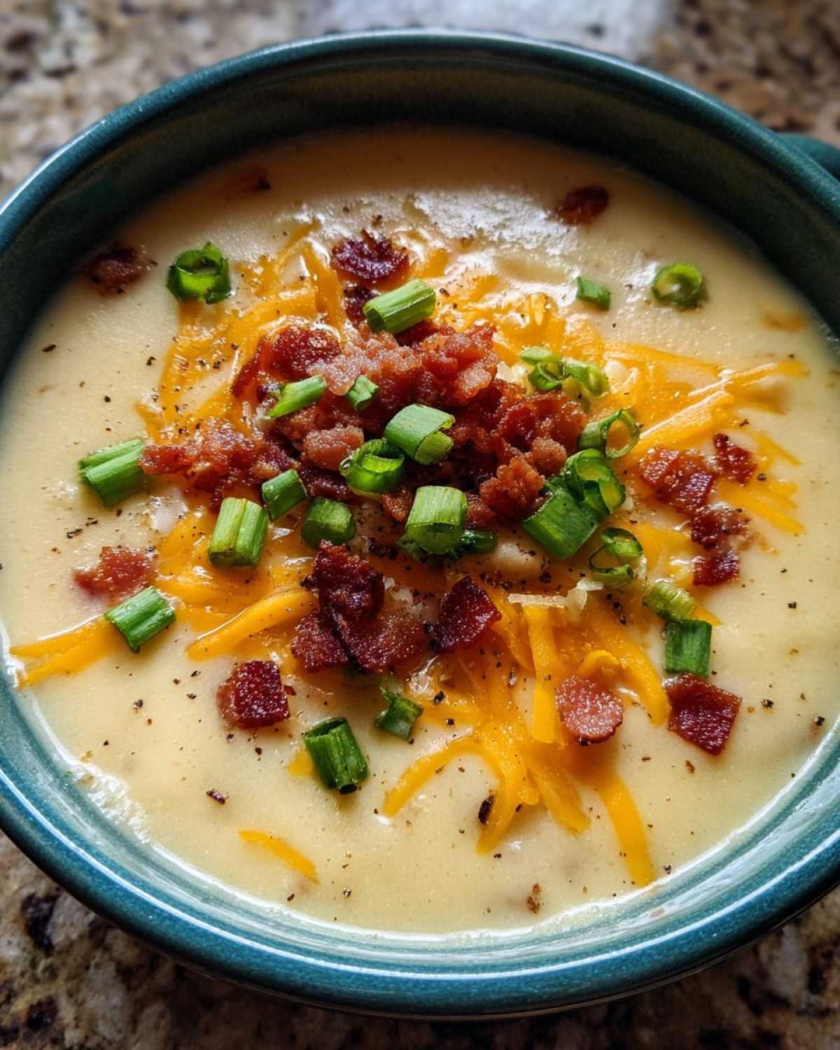 Close-up of a bowl of creamy potato soup recipe topped with shredded cheddar, bacon bits, and green onions.