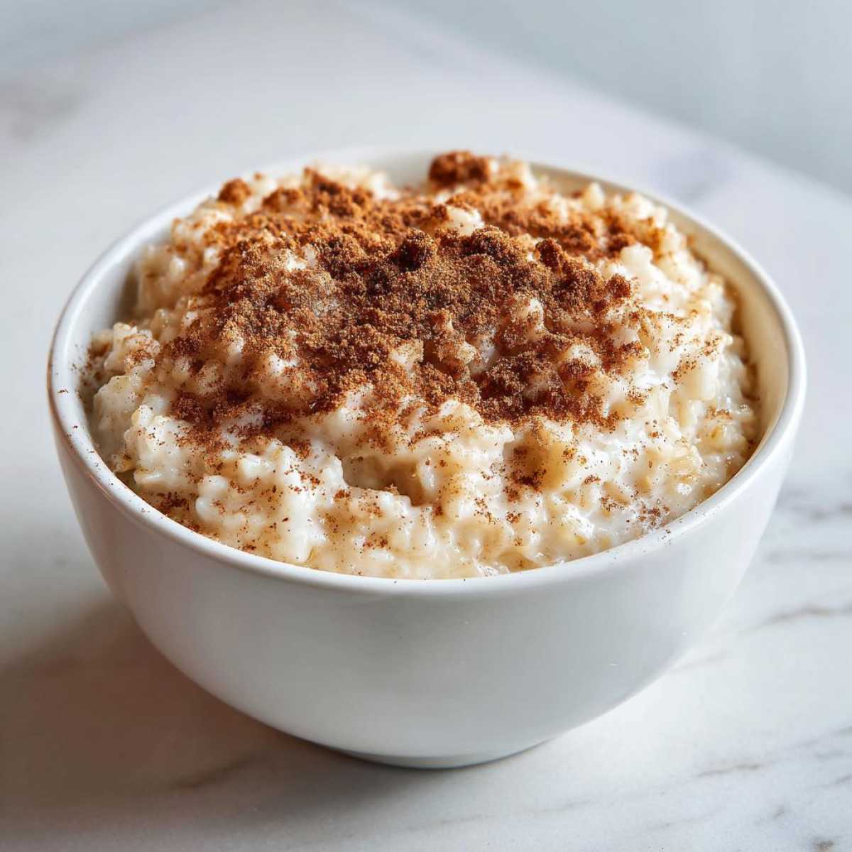 A close-up of creamy rice pudding recipe served in a white bowl, generously dusted with ground cinnamon.