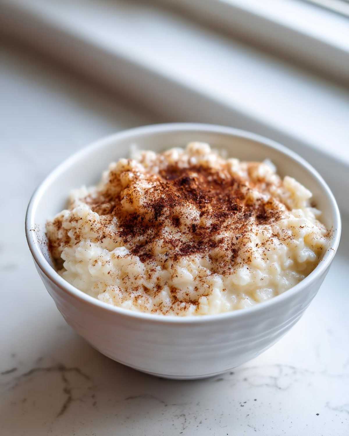 A close-up of creamy rice pudding recipe served in a white bowl, dusted generously with cinnamon.