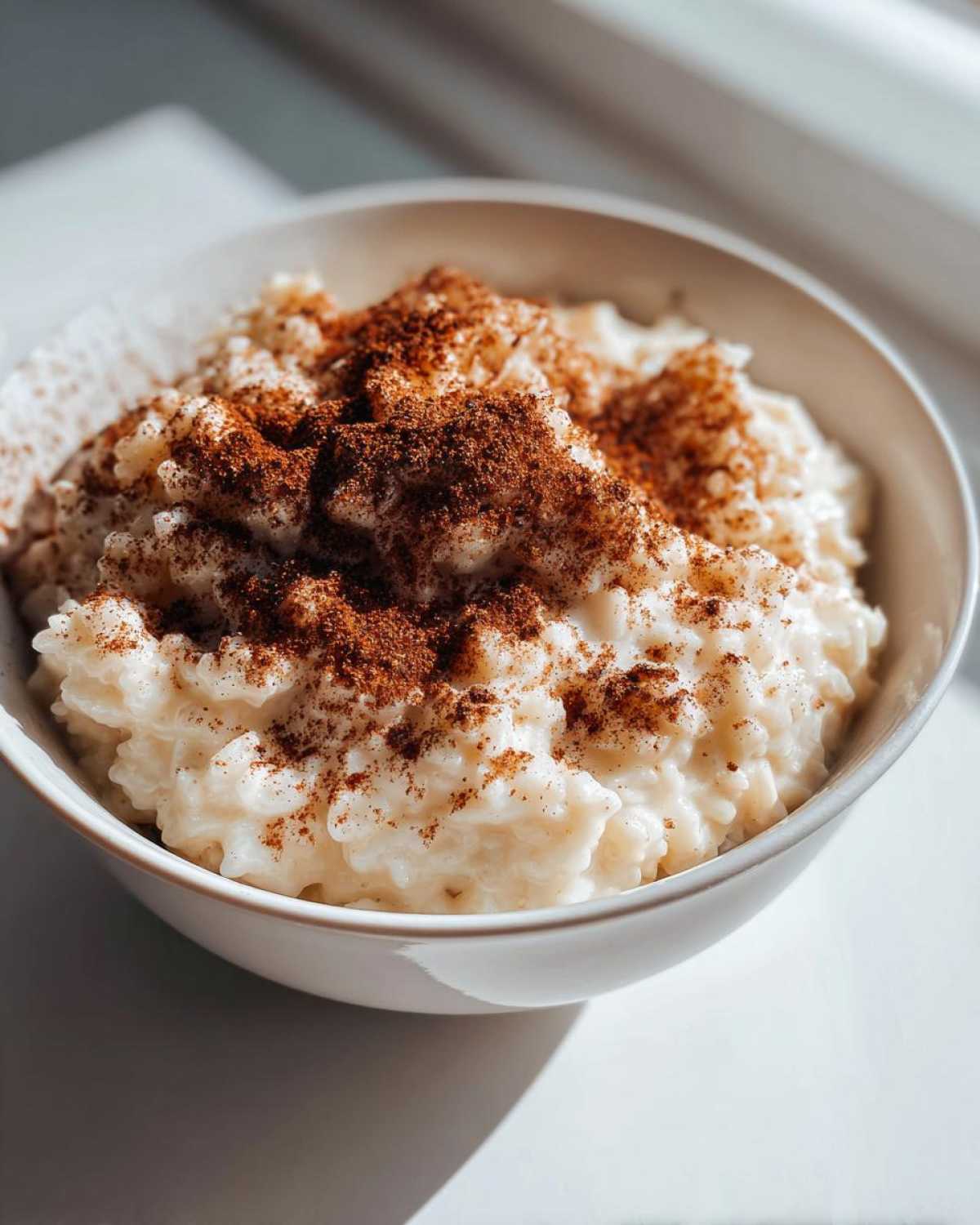 A close-up of a bowl of creamy rice pudding recipe generously dusted with ground cinnamon.