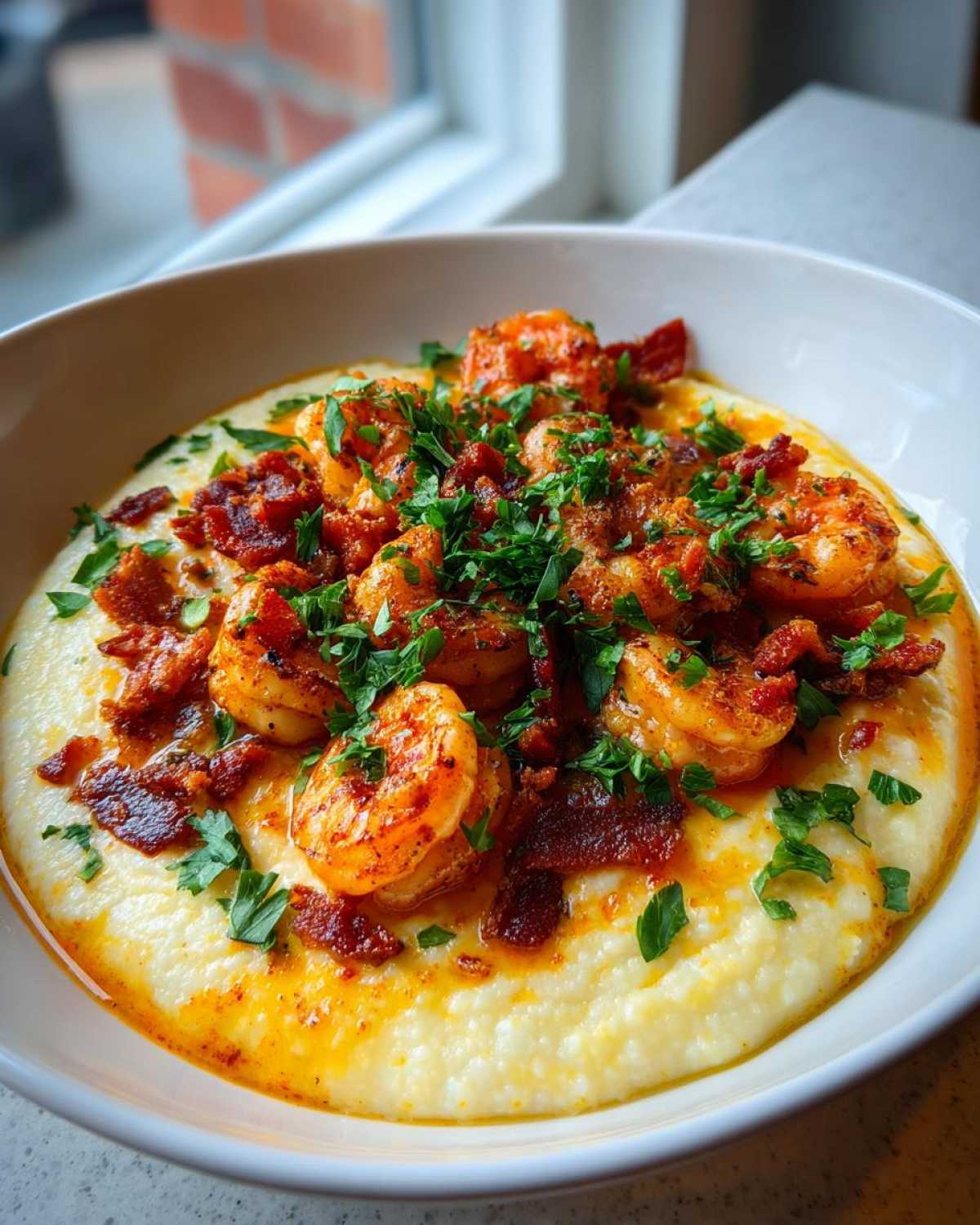 Close-up of creamy shrimp and grits topped with seasoned shrimp, crispy bacon, and fresh parsley.