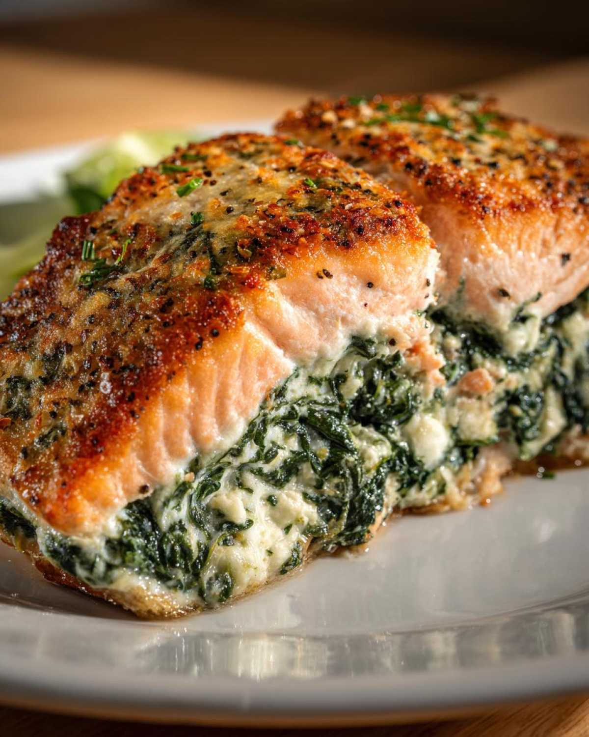 Close-up of a perfectly cooked stuffed salmon fillet, split open to show creamy spinach filling.