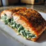Close-up of a golden-brown, seasoned stuffed salmon fillet overflowing with creamy spinach filling.