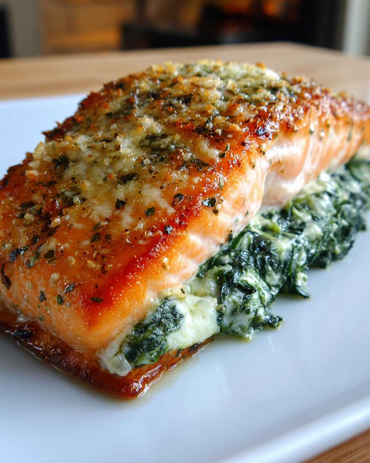Close-up of a perfectly cooked stuffed salmon fillet, oozing creamy spinach filling and topped with a golden herb crust.
