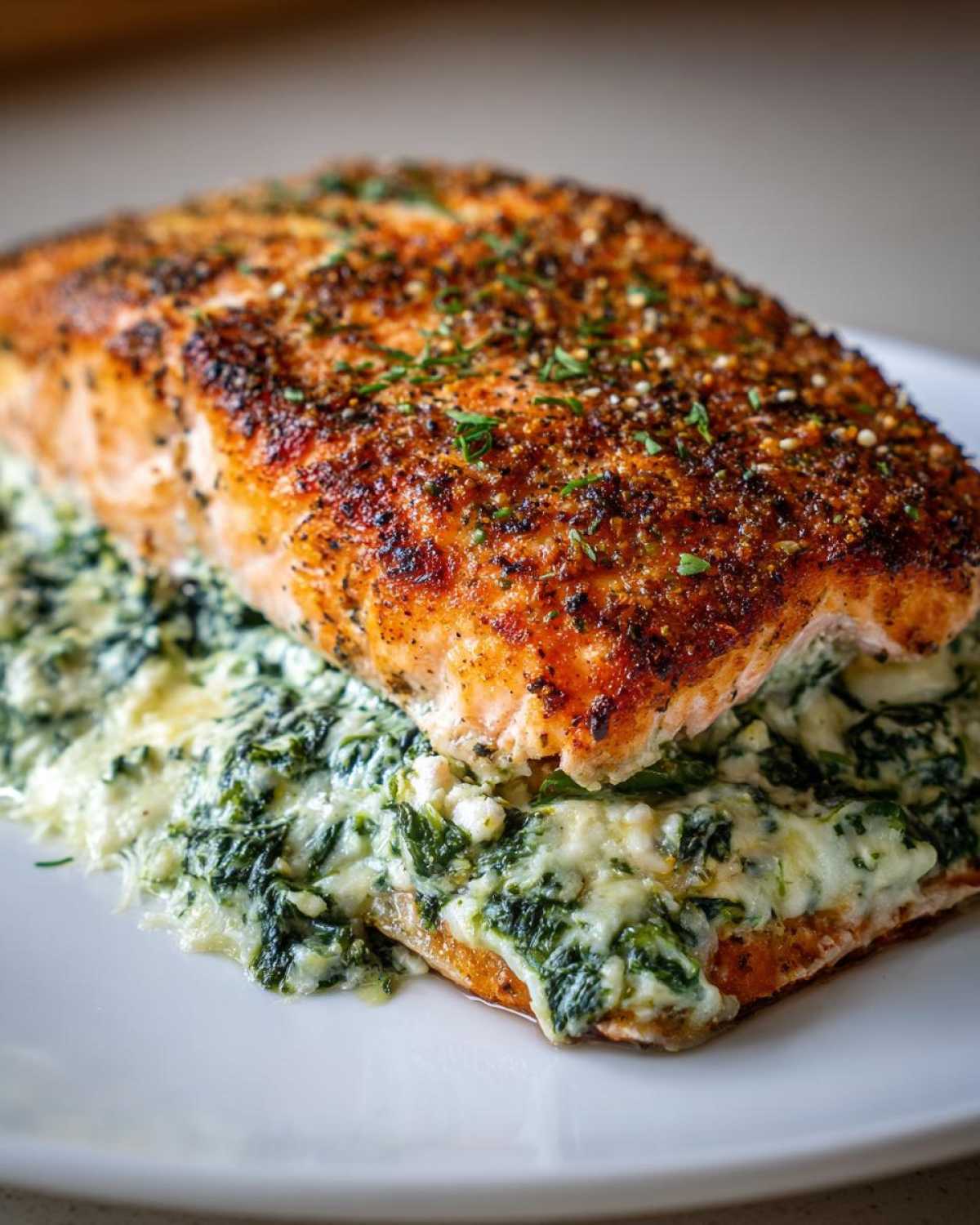 Close-up of a beautifully seared stuffed salmon fillet resting on a bed of creamy spinach filling.