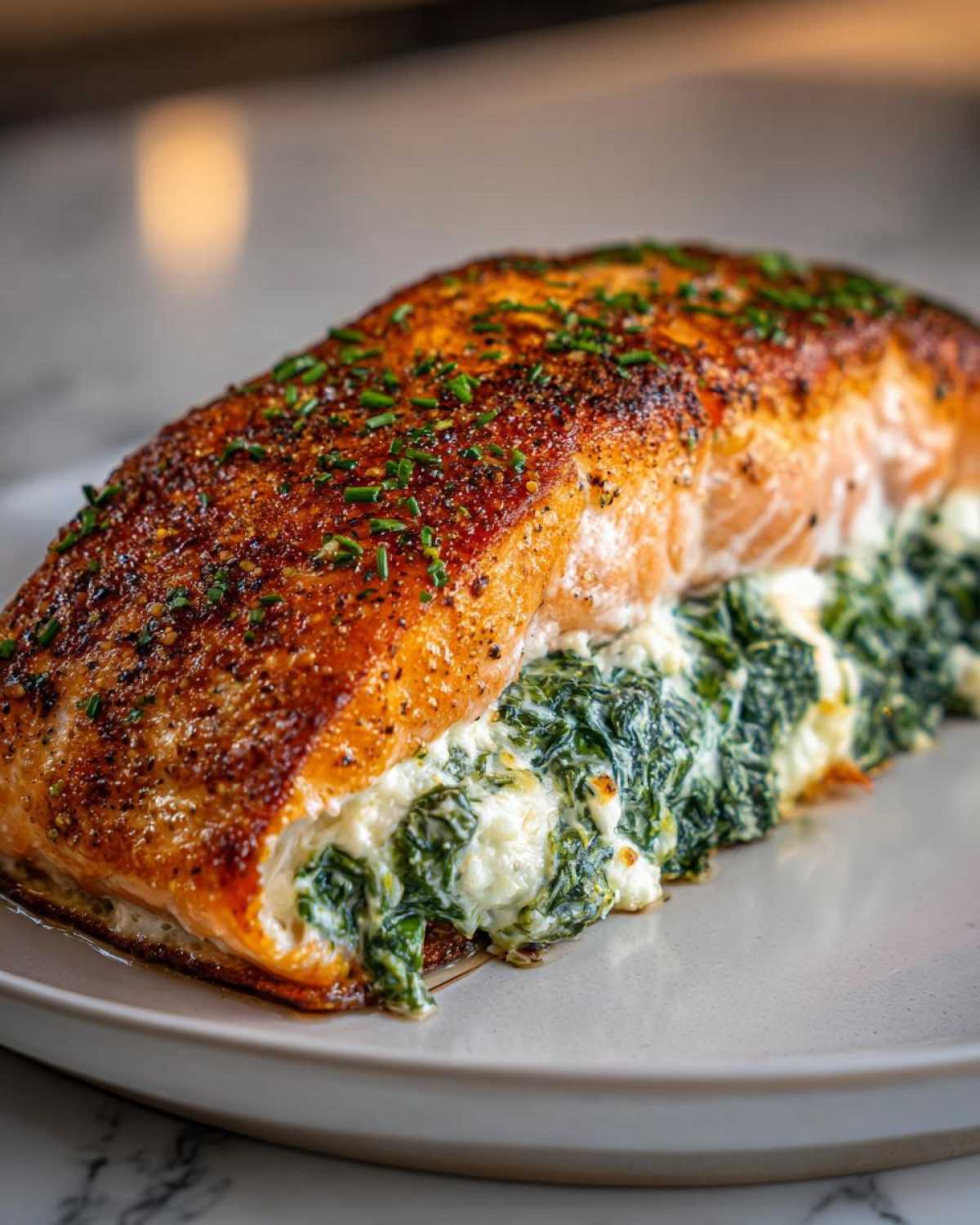 A perfectly cooked, golden-brown stuffed salmon fillet with creamy spinach filling oozing out the side.