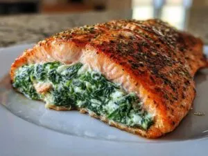 Close-up of a golden-brown, seasoned stuffed salmon fillet filled with creamy spinach mixture.