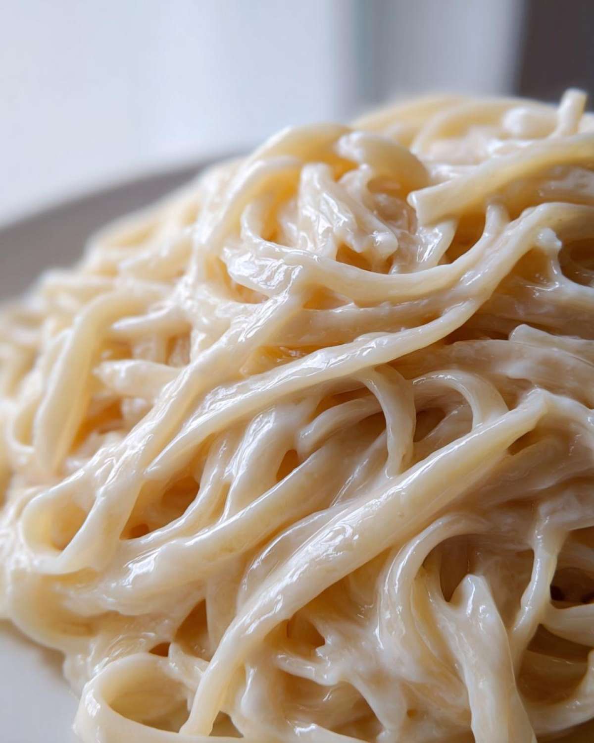 Extreme close-up of fettuccine noodles coated thickly in creamy vegan alfredo sauce.