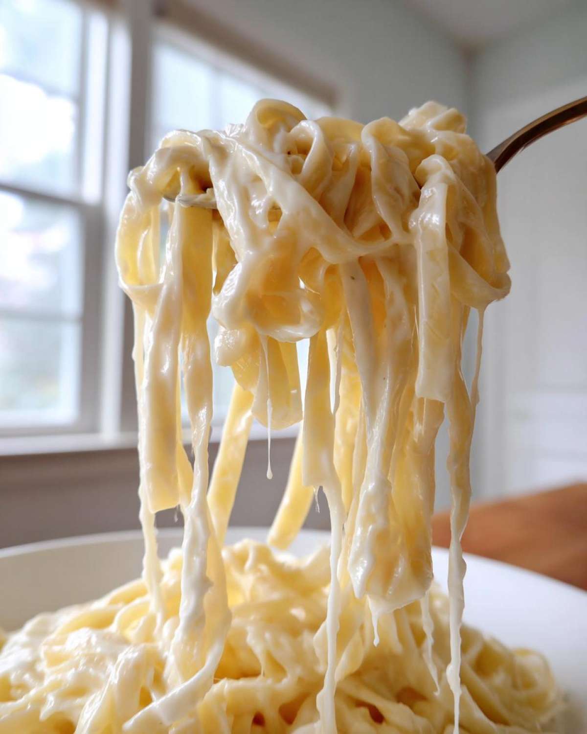 Close-up of fettuccine noodles coated in thick, creamy vegan alfredo sauce being lifted by a fork.