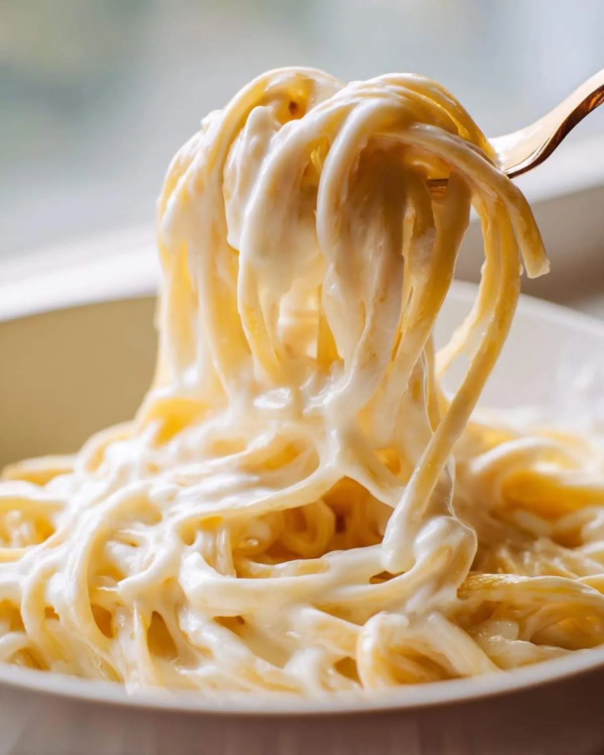 A fork lifting spaghetti heavily coated in thick, creamy vegan alfredo sauce.