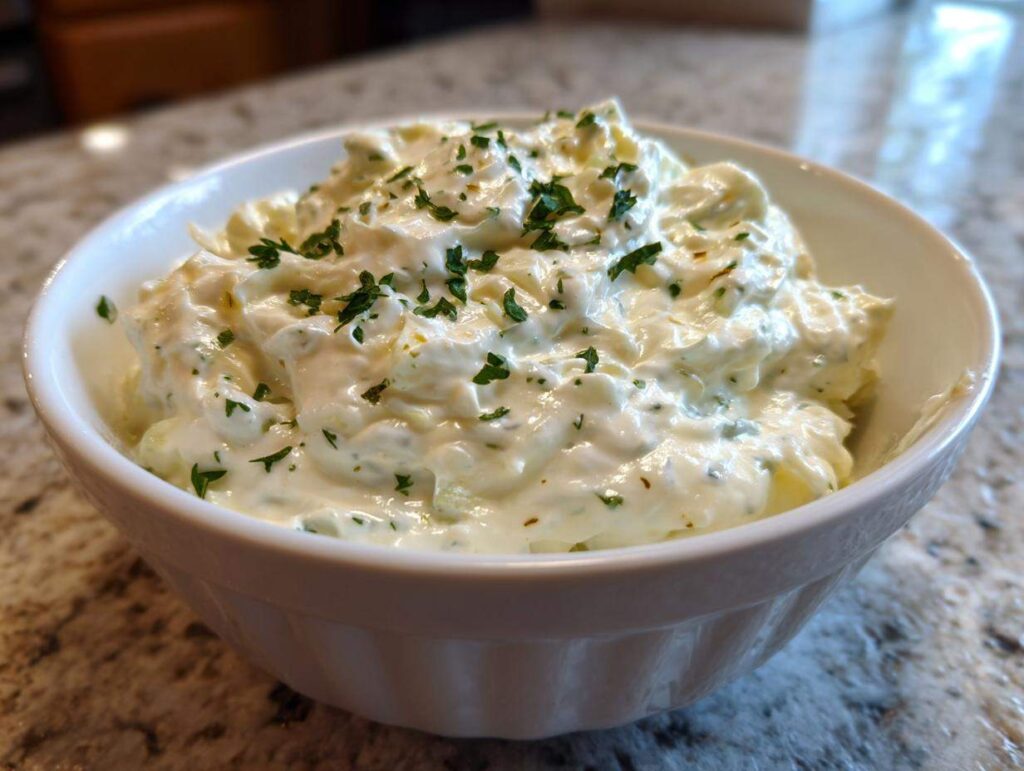 Close-up of creamy homemade tartar sauce, garnished with fresh chopped parsley, in a white fluted bowl.