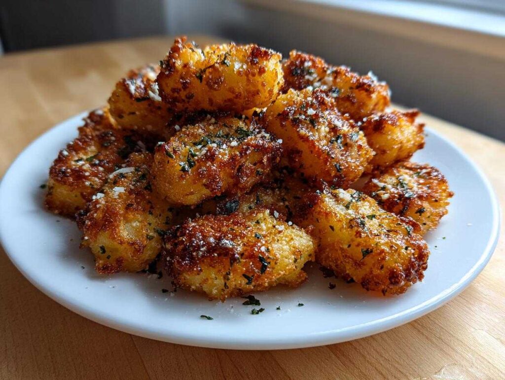 A pile of golden brown, crispy air fryer gnocchi seasoned with parsley and Parmesan cheese on a white plate.
