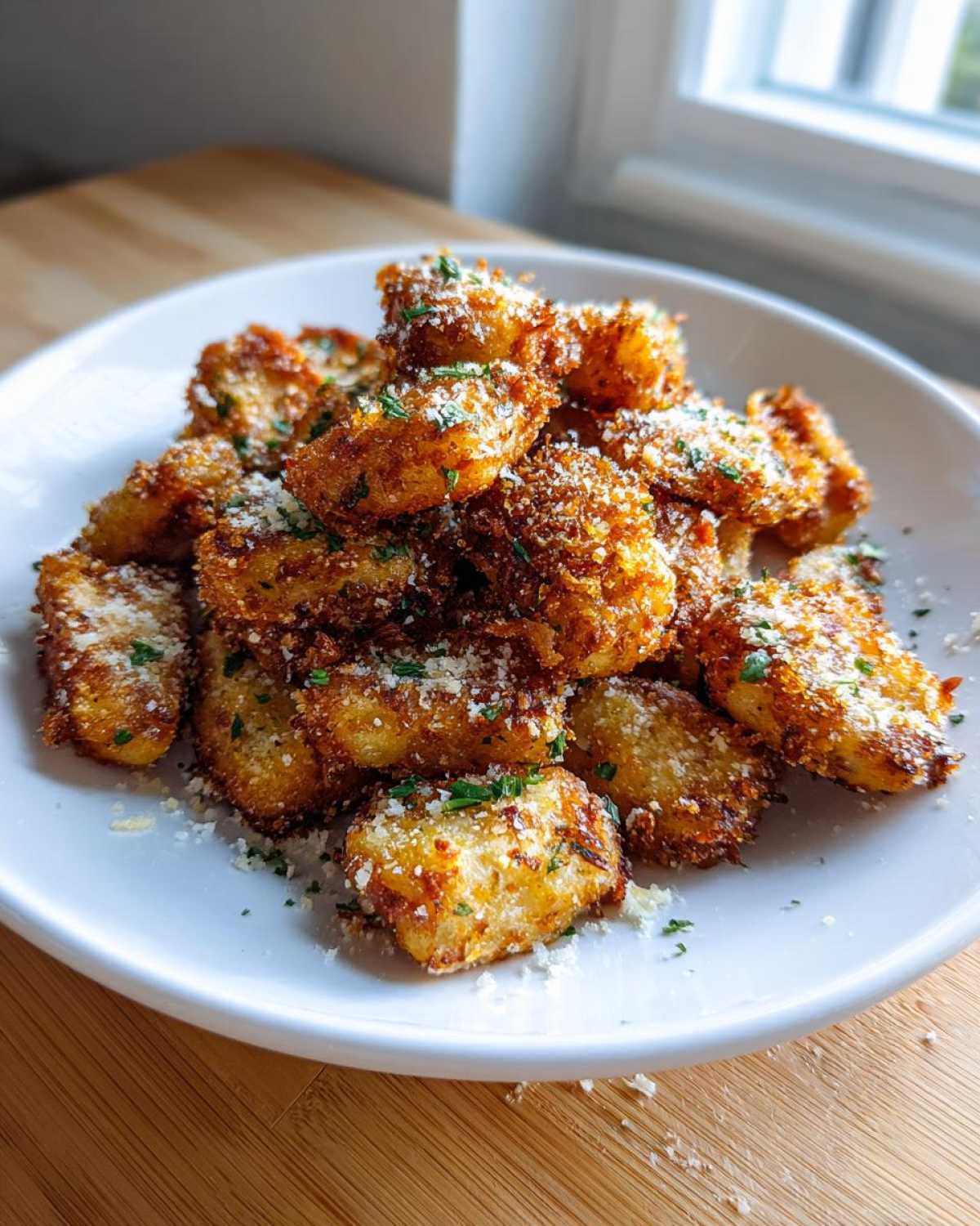 A white bowl piled high with crispy, golden brown air fryer gnocchi topped with grated Parmesan cheese and chopped parsley.