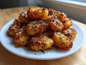 A pile of golden brown, crispy air fryer gnocchi seasoned with parsley and Parmesan cheese on a white plate.
