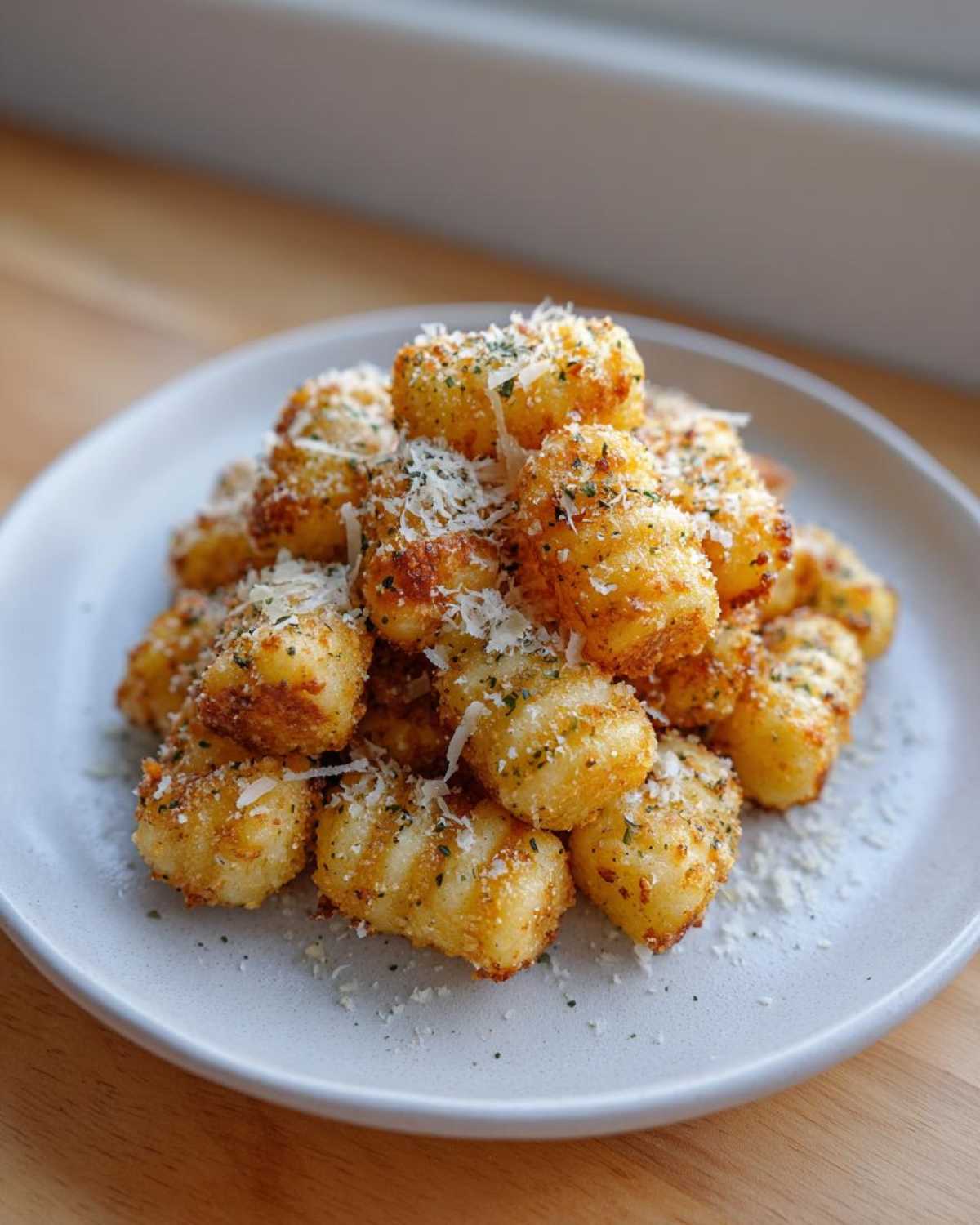 A mound of golden brown, crispy air fryer gnocchi sprinkled generously with grated Parmesan cheese and herbs.