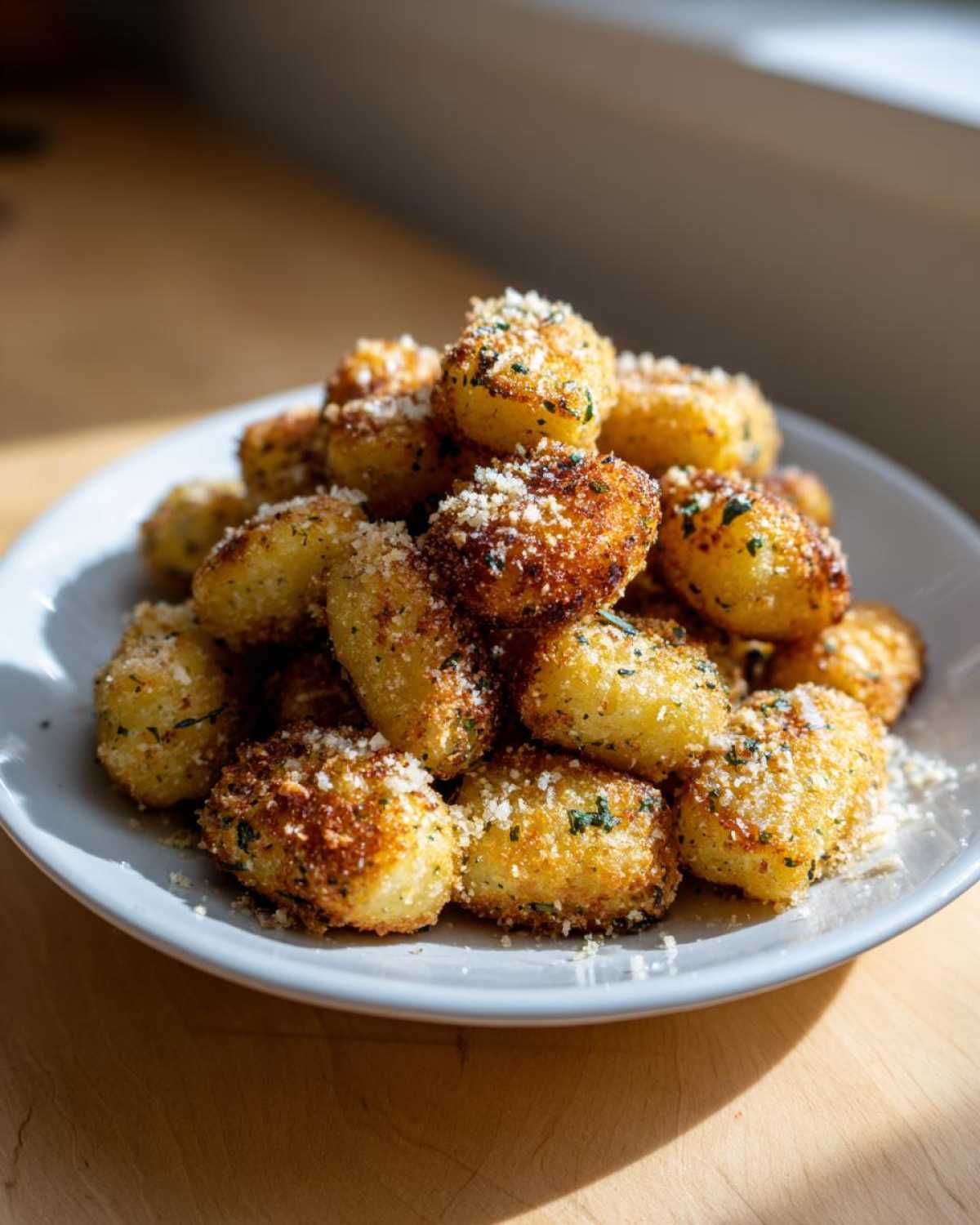 A pile of golden brown, crispy air fryer gnocchi sprinkled with grated Parmesan cheese and herbs.