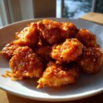Close-up of crispy, bite-sized pieces of Bang Bang Chicken coated in a glossy, orange-red spicy sauce.