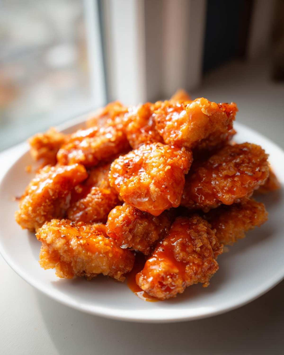Close-up of crispy, saucy Bang Bang Chicken pieces piled high on a white plate near a window.