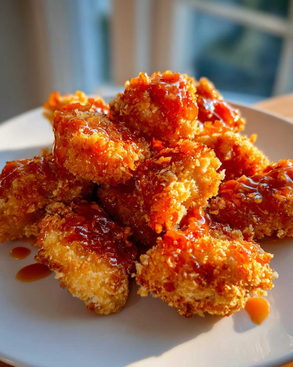 Close-up of crispy, golden fried chicken pieces coated in a shiny, sweet and spicy sauce, characteristic of Bang Bang Chicken.