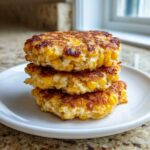 A stack of three golden-brown, crispy corn fritters piled on a small white plate.