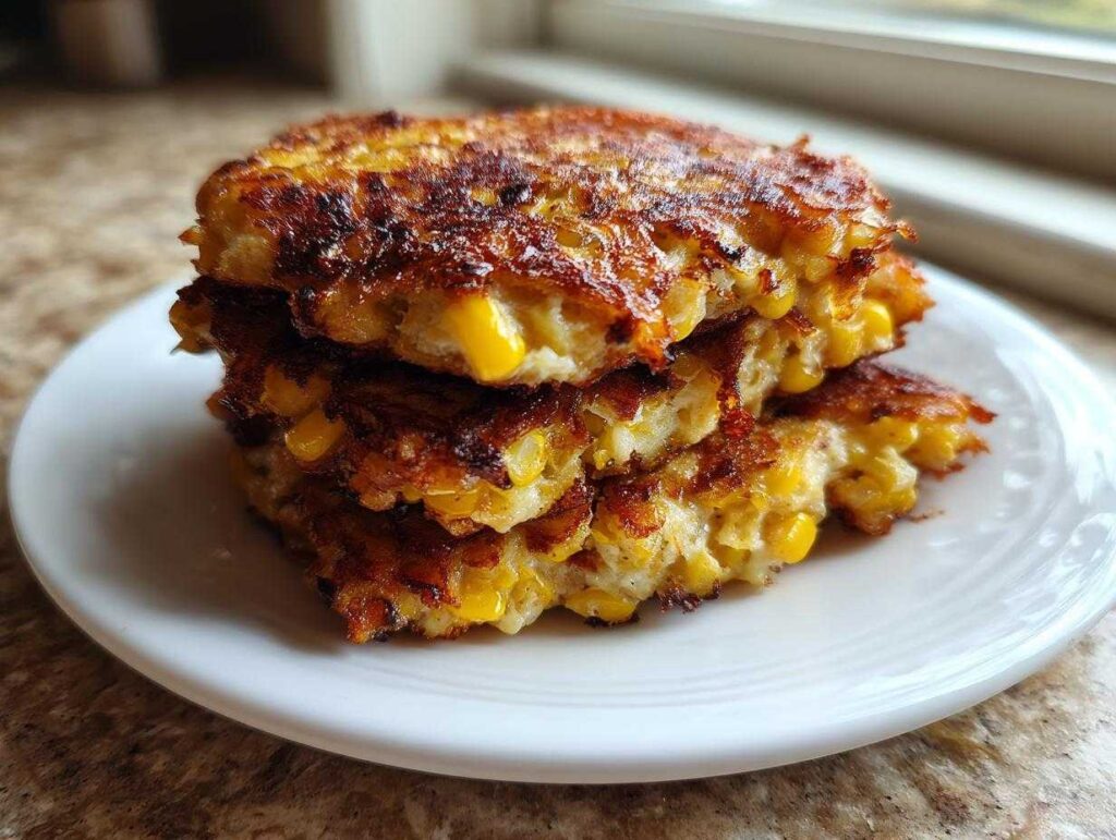 A stack of three golden brown, crispy corn fritters piled on a white plate.