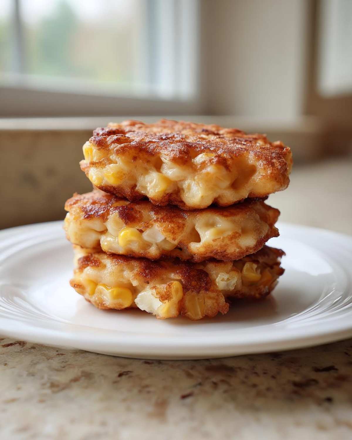 A stack of three golden-brown, crispy corn fritters showing visible corn kernels, served on a white plate.