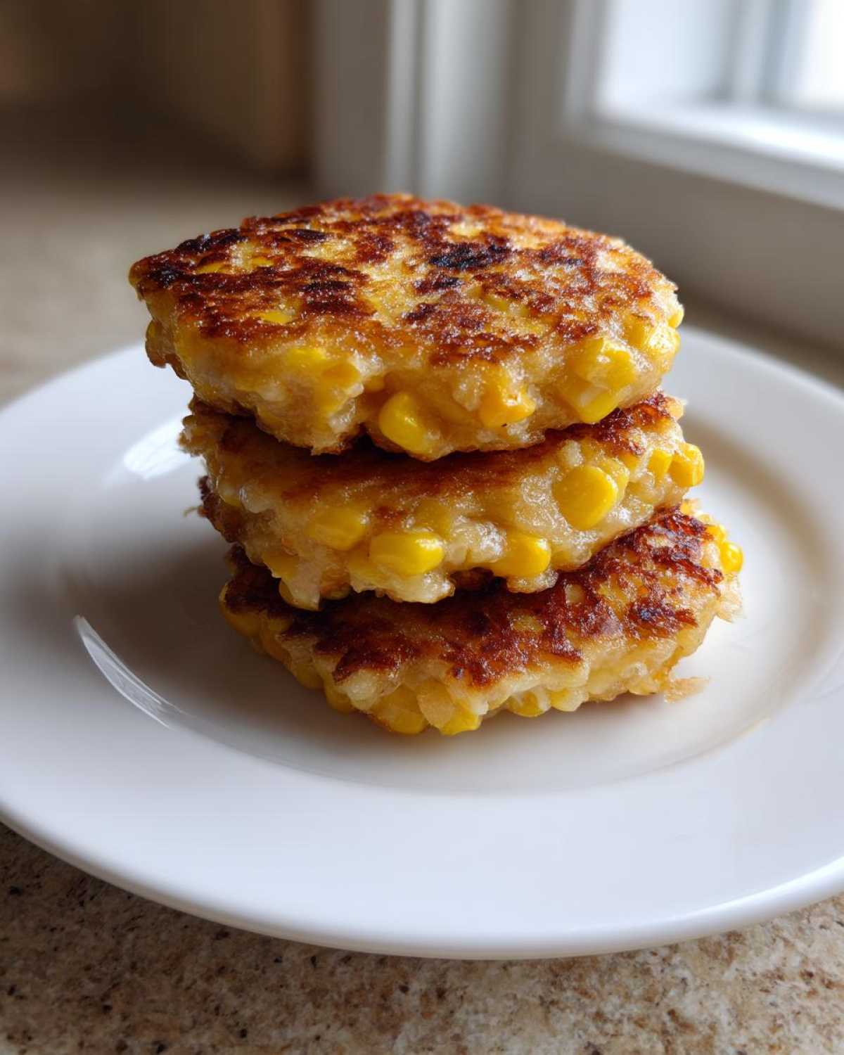 Three golden-brown, crispy corn fritters stacked on a white plate, showcasing whole corn kernels.