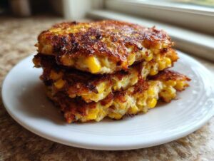 A stack of three golden brown, crispy corn fritters piled on a white plate.