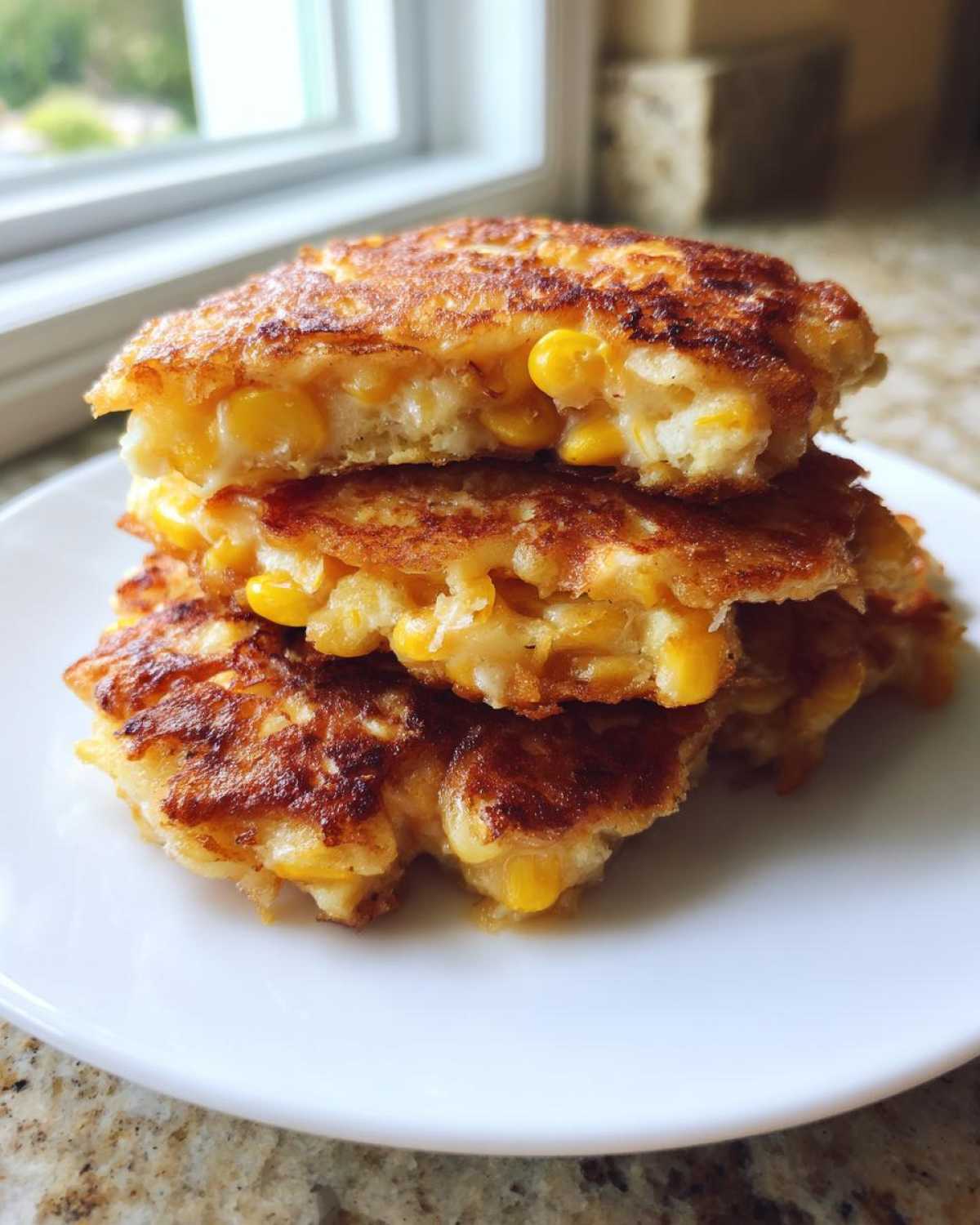 Close-up of three golden brown, crispy corn fritters stacked on a white plate, showing the sweet corn kernels inside.