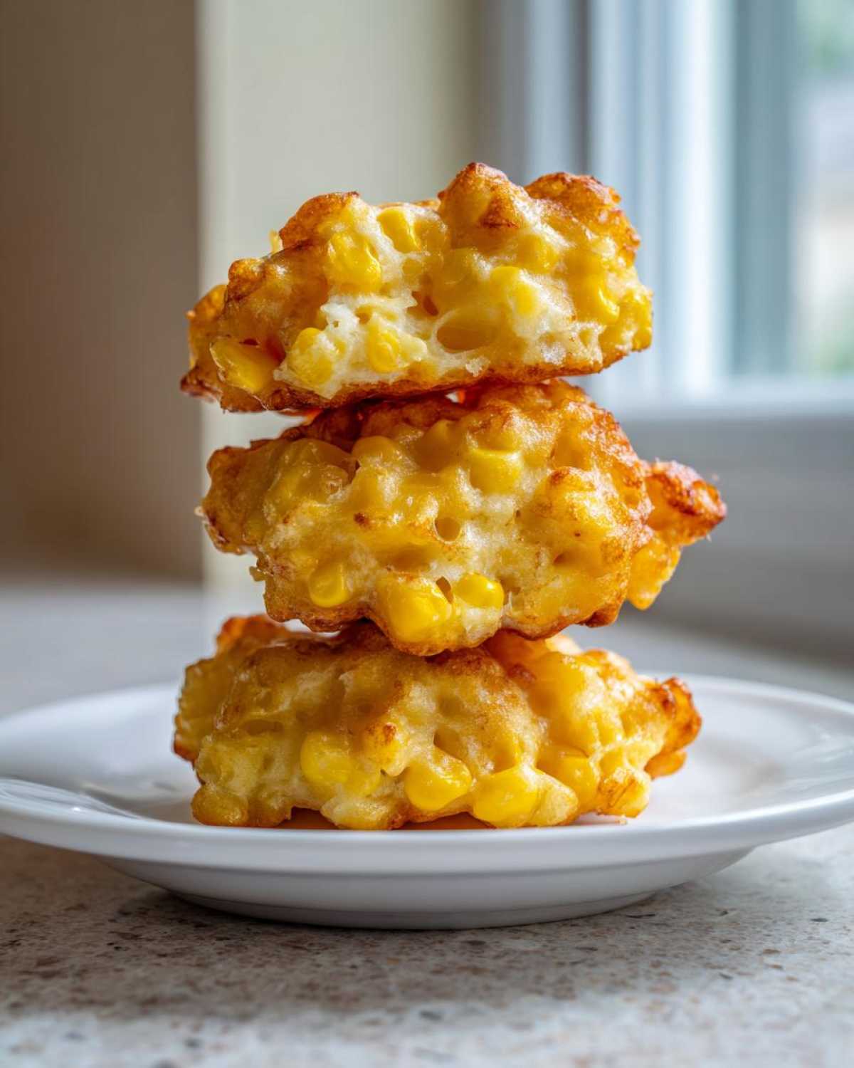 Three golden, crispy corn fritters stacked vertically on a white plate, showing visible corn kernels.