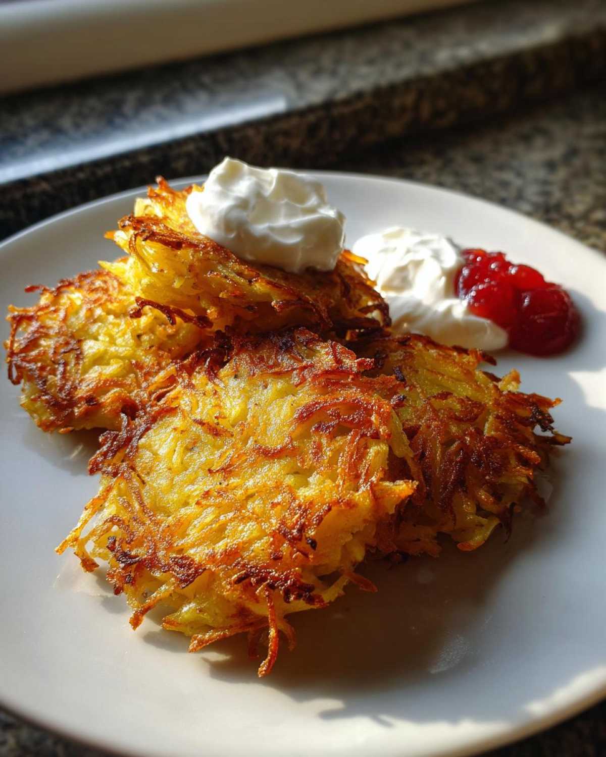 A plate of golden brown, crispy potato latkes topped with sour cream and served with a side of red jam.