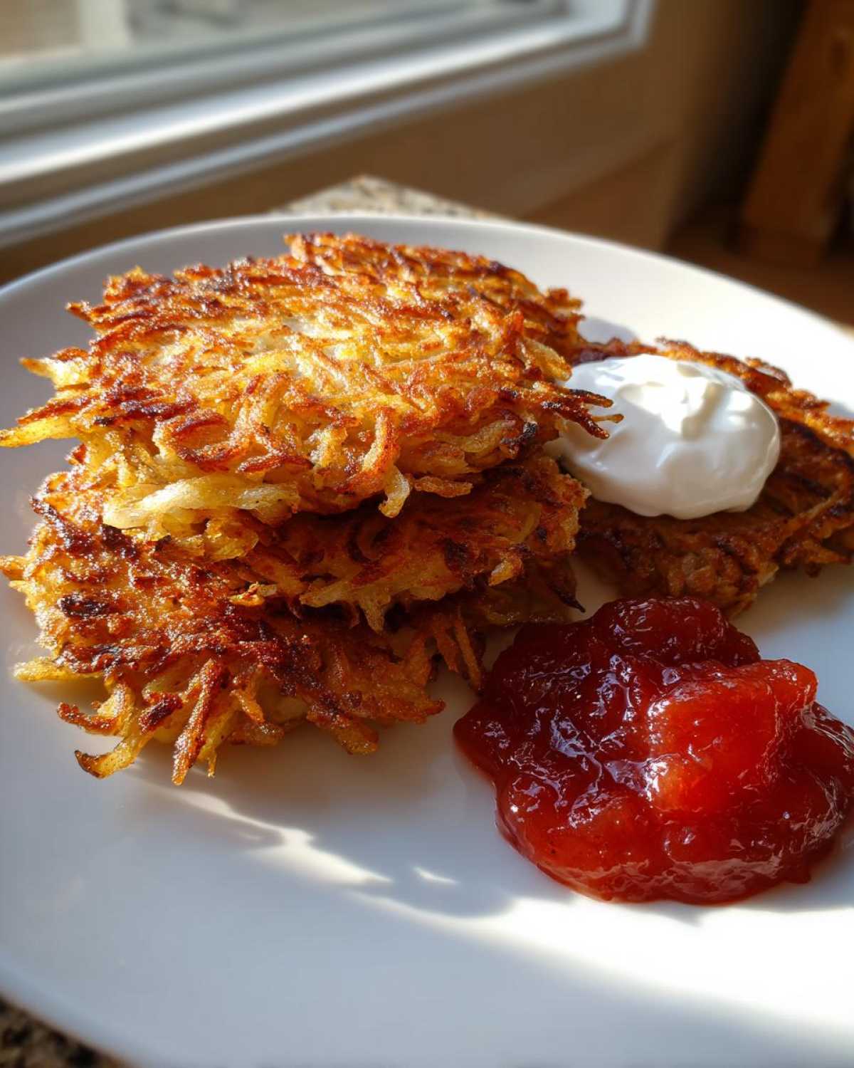 A stack of three golden brown, crispy potato latkes served with sour cream and a dollop of red jam.