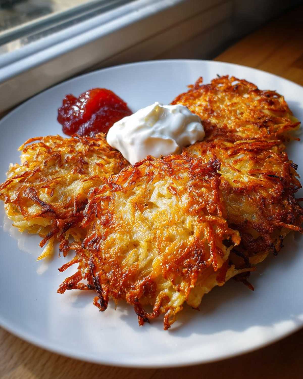 Four golden brown, crispy potato latkes served on a white plate with a dollop of sour cream and a side of red jam.