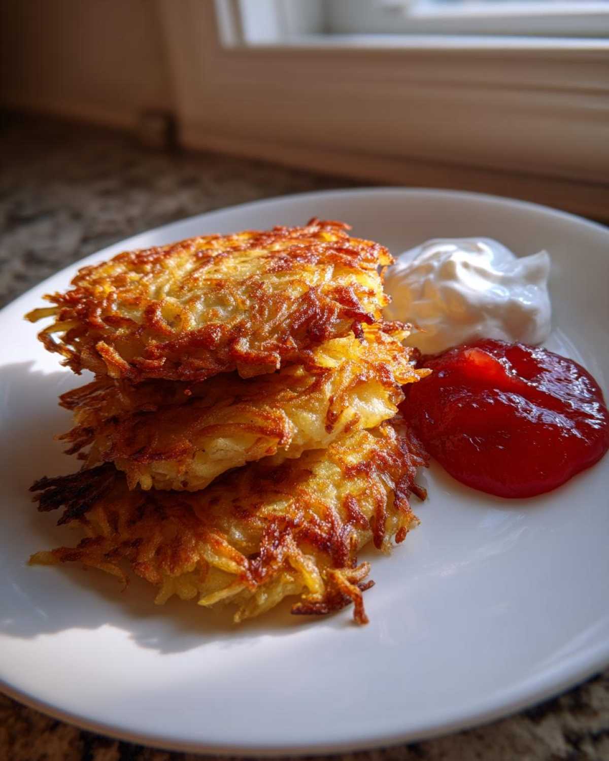 A stack of three golden brown, crispy potato latkes served with sour cream and ketchup.