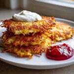 A stack of four golden brown, crispy potato latkes topped with a dollop of sour cream and served with a side of red jam.