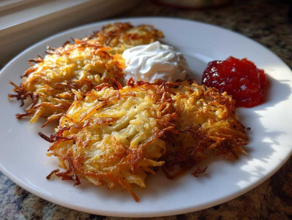 Three golden brown, crispy potato latkes served on a white plate with sour cream and red jam.